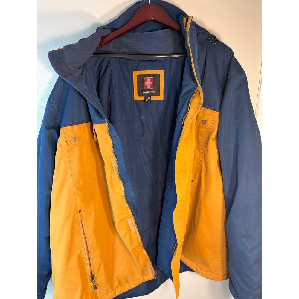 Swiss Tech Mens 3XL Blue Yellow Colorblock Hooded Winter Jacket Quilted‎ Puffer